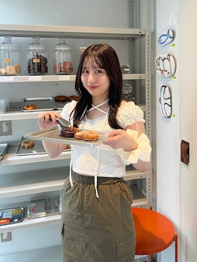 「mline（エムライン）の[mline]ドットシャーリングＴシャツ（Tシャツ/カットソー、ホワイト系）」を使った、mokaさん（レディース・158cm）の秋コーディネート