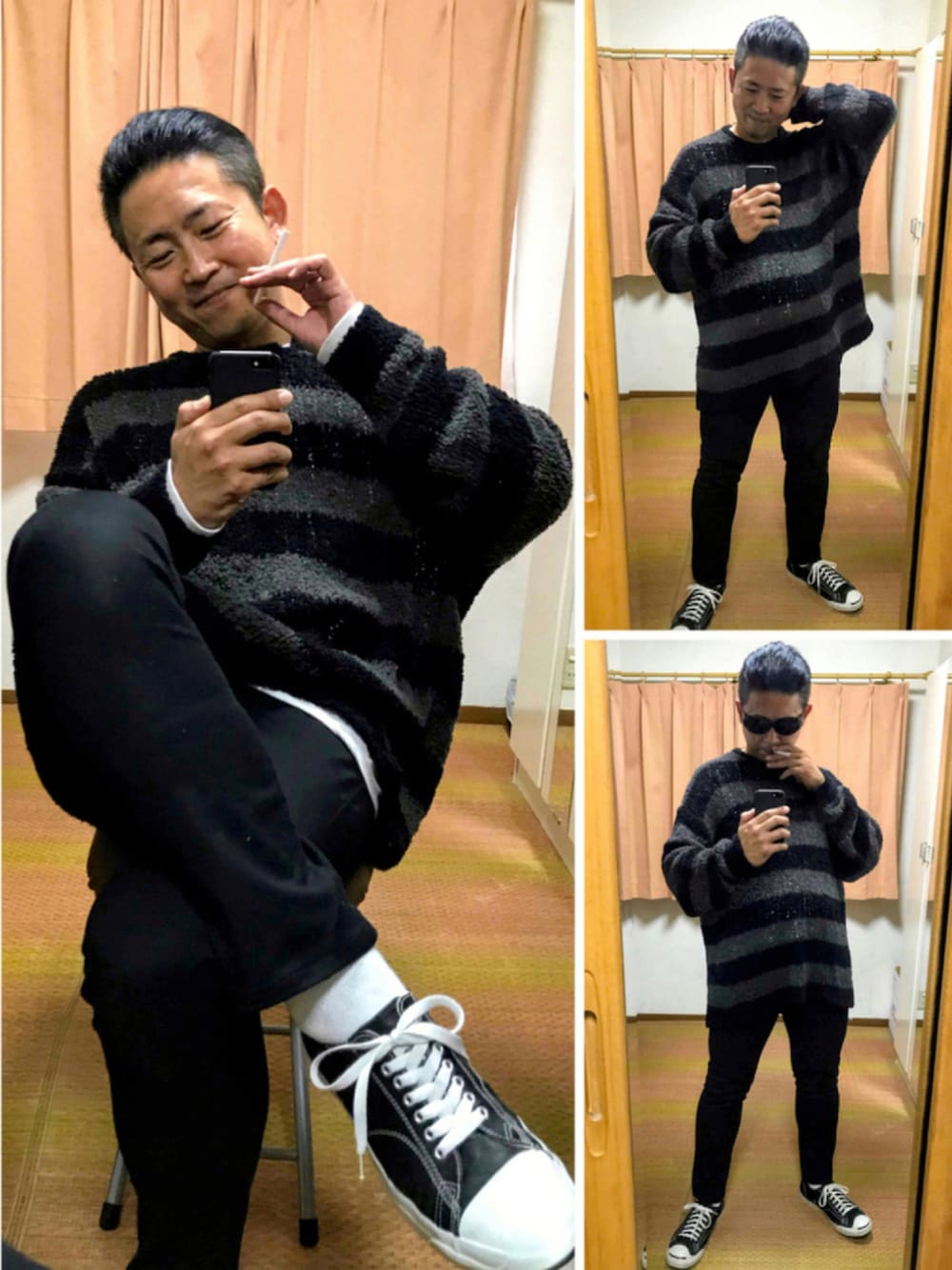 ブラック系のニット/セーター、ホワイト系のTシャツ/カットソー、ブラック系のその他パンツを着用したメンズの秋コーディネートの1枚目の写真