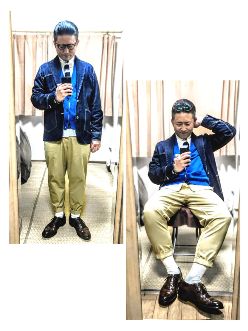「片手スマホ自撮り研究会🤳✨、我が道をゆく隊、必殺❗️メガネずらし🐸‼️、お仕事コーデ、きれいめカジュアル、タイドアップ、カーディガン、水色、好きな服を好きなように着る🐷💕、みんな違ってみんないい、双極性障害、北千住アニメが熱い🔥、肉体改造中🐷💦、メルカリ★期間限定SALE★ただ今開催中🐷👍、メガネおやじ」｜「OLIVER PEOPLESの🔸オリバーピープルズ　グレゴリーペック(ブラウン)（メガネ、ブラウン系）」を使った、おたっし🐷さん（メンズ・174cm）の春コーディネートの1枚目の写真