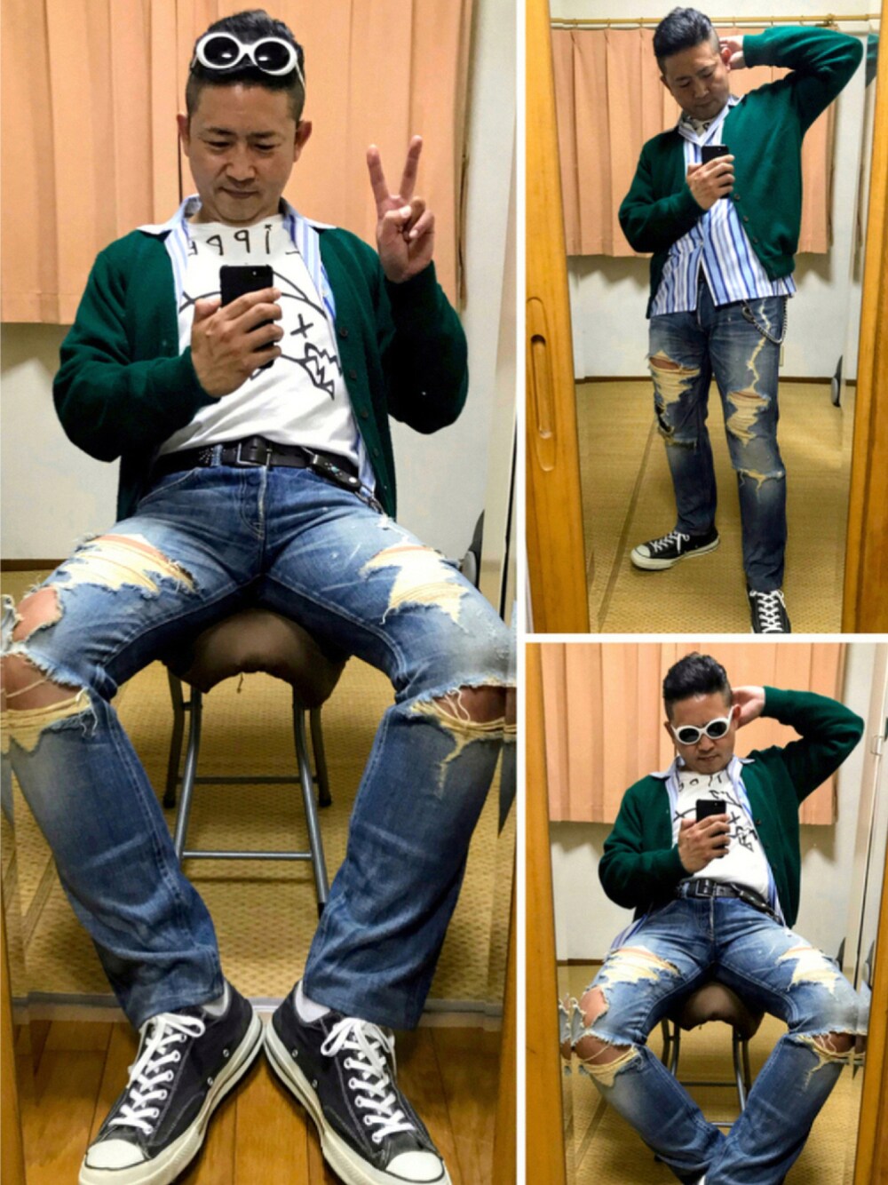 「ラブアンドピース2021、片手スマホ自撮り研究会🤳✨、我が道をゆく隊、カートコバーン、グランジ、アメカジ、幸せのケロ色🐸カーディガン、必殺❗️メガネずらし🐸‼️、好きな服を好きなように着る🐷💕、双極性障害、メルカリ★期間限定SALE★ただ今開催中🐷👍」｜「🔸参考カート😎‼️の🔸幸せのケロ色🐸カーディガンスタイル😎✨（その他、その他）」を使った、おたっし🐷さん（メンズ・174cm）の秋コーディネートの1枚目の写真