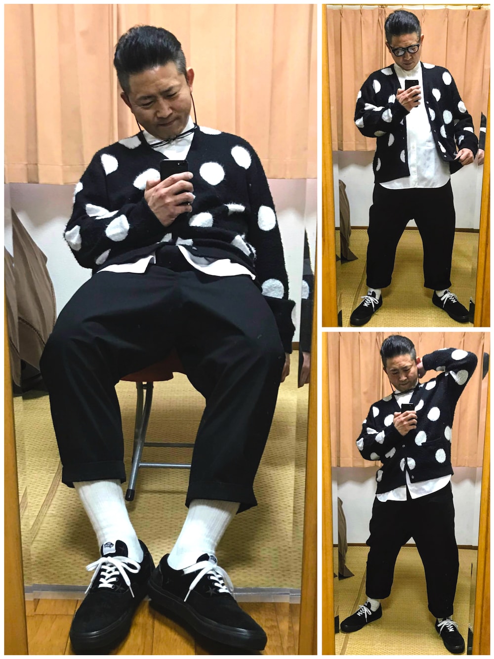 「片手スマホ自撮り研究会🤳✨、我が道をゆく隊、腹黒おたっしブラックコーデ😎、モノトーン、ポルカドット、ギャルソン×シュプリーム、好きな服を好きなように着る🐷💕、双極性障害、メルカリ大量出品中‼️、必殺‼️川畑風メガネずらし🐸‼️、カートコバーン」｜「🔸モノクロバージョン😎✨の🔸もう49歳💦今日も孤独な腹黒おたっし😎笑（その他、その他）」を使った、おたっし🐷さん（メンズ・174cm）の冬コーディネートの1枚目の写真