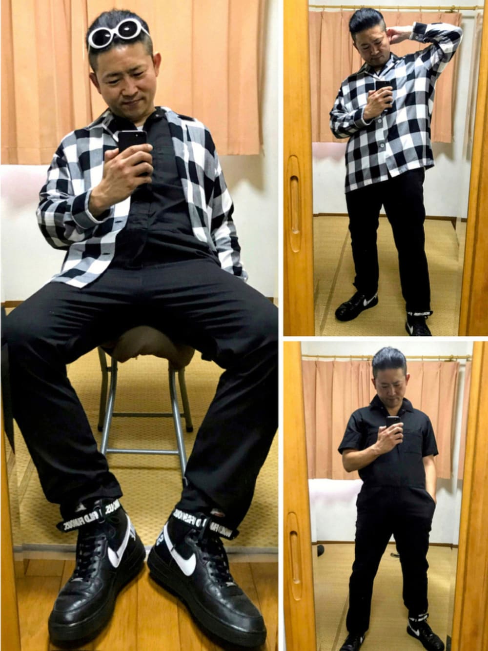 「ブラック、モノトーン、つなぎ、カートコバーン、パジャマシャツ、双極性障害、我が道をゆく隊、片手スマホ自撮り研究会🤳✨、好きな服を好きなように着る🐷💕、メルカリ大量出品中‼️、メルカリ出品コーデ🐷✨、メルカリ★期間限定SALE★ただ今開催中🐷👍、おたっし🐷のアイテム比較コーデ🤔⁉️」｜「🔸着回しコーデ😎‼️の🔸ツナギ×パジャマシャツモノトーンコーデ😎‼️（その他、その他）」を使った、おたっし🐷さん（メンズ・174cm）の秋コーディネートの1枚目の写真