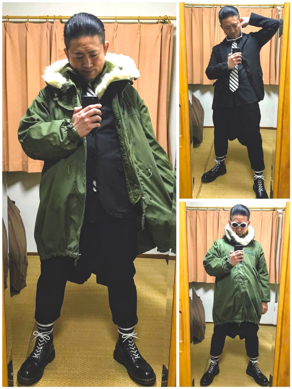 「片手スマホ自撮り研究会🤳✨、我が道をゆく隊、腹黒おたっしブラックコーデ😎、お仕事コーデ、モッズコート、好きな服を好きなように着る🐷💕、フレトーも好き😋💕、双極性障害、メルカリ大量出品中‼️」｜「VINTAGEの🔸70s USARMY M65 S  ★メルカリ出品中‼️（モッズコート、グリーン系）」を使った、おたっし🐷さん（メンズ・174cm）の冬コーディネートの1枚目の写真