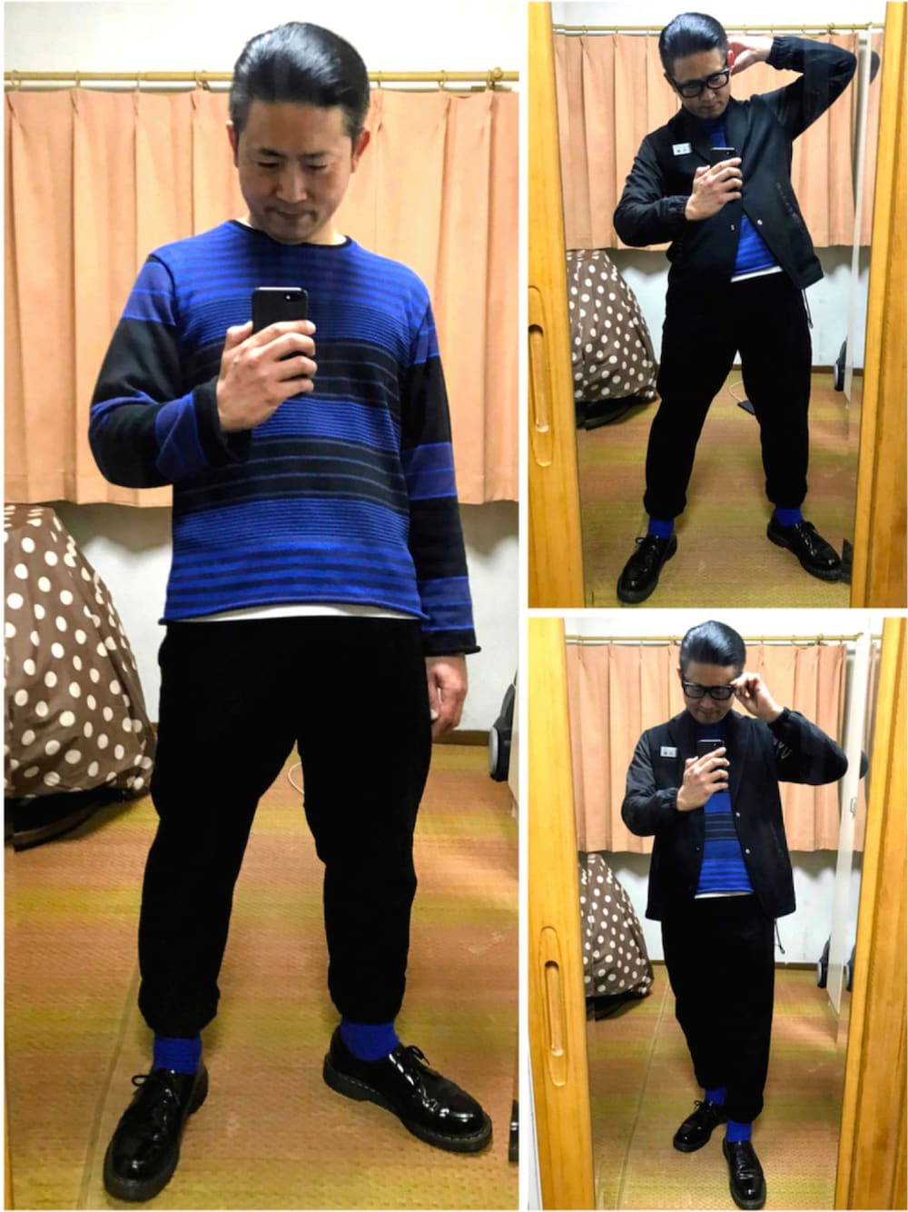 ブラック系のテーラードジャケット、ブルー系のニット/セーター、ブラック系のその他パンツを着用したメンズの秋コーディネートの1枚目の写真