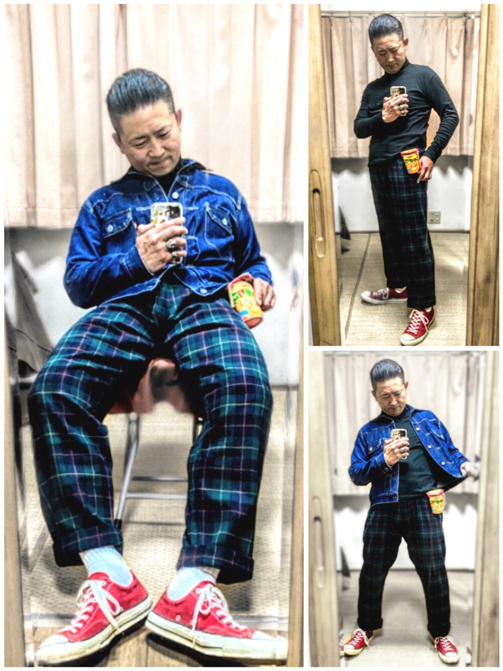 ブルー系のステンカラーコート、ブルー系のデニムジャケット、ブラック系のニット/セーターを着用したメンズの冬コーディネートの1枚目の写真