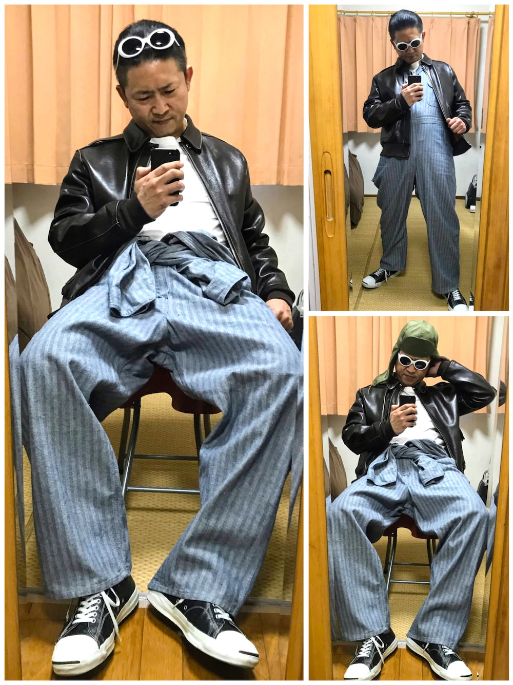 ブラウン系のミリタリージャケット、ブルー系のつなぎ/オールインワン、ホワイト系のTシャツ/カットソーを着用したメンズの秋コーディネートの1枚目の写真