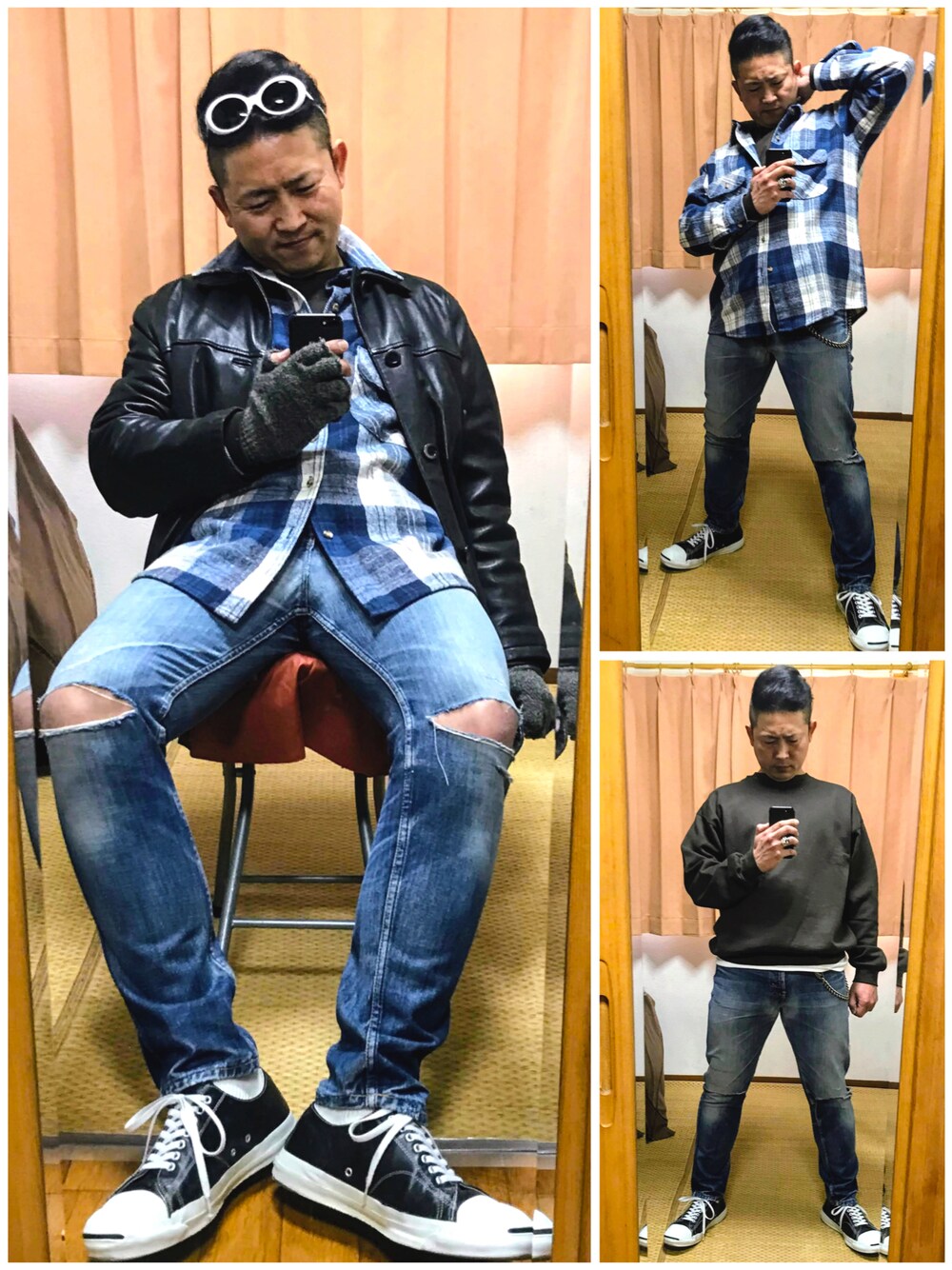 「片手スマホ自撮り研究会🤳✨、我が道をゆく隊、カートコバーン、カートアレンジ😎‼️、必殺‼️カチューシャ風メガネずらし🐸‼️、グランジ、アメカジ、レザーコート、チェックシャツ、好きな服を好きなように着る🐷💕、双極性障害、メルカリ大量出品中‼️、メルカリ★期間限定SALE★ただ今開催中🐷👍」｜「EFFECTORの🔸エフェクター  カートサングラス(白)wah2 ★メルカリ出品中‼️（サングラス、ホワイト系）」を使った、おたっし🐷さん（メンズ・174cm）の冬コーディネートの1枚目の写真