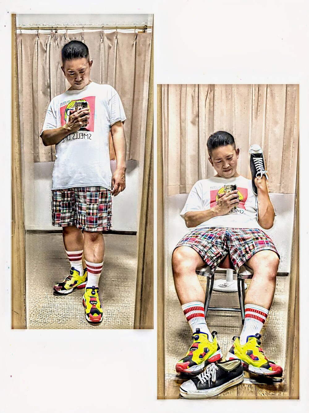 「片手スマホ自撮り研究会🤳✨、我が道をゆく隊、夏コーデ、フェススタイル、赤×黄色、ビッグシルエット、ショートパンツ、白Tシャツ、カートコバーン、ポンプフューリー、好きな服を好きなように着る🐷💕、コンバースが好き過ぎて🐷💕、双極性障害、北千住アニメが熱い🔥、メルカリ大量出品中‼️」｜「About A Girllの🔸アバウトアガール  カートコバーンTシャツ(白) （Tシャツ/カットソー、ホワイト系）」を使った、おたっし🐷さん（メンズ・174cm）の夏コーディネートの1枚目の写真
