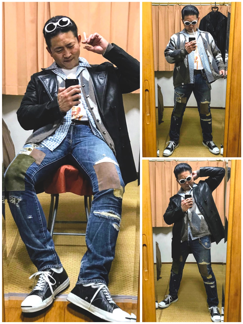 「片手スマホ自撮り研究会🤳✨、我が道をゆく隊、カートコバーン、グランジ、必殺‼️カチューシャ風メガネずらし🐸‼️、レザーコート、モヘアカーディガン、アーガイル柄、レオパード、好きな服を好きなように着る🐷💕、双極性障害、メルカリ大量出品中‼️」｜「JACK PURCELLの🔸アーガイル柄モヘアカーディガンコーデ✨（その他、その他）」を使った、おたっし🐷さん（メンズ・174cm）の冬コーディネートの1枚目の写真