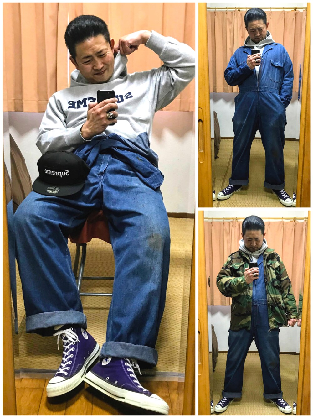 「片手スマホ自撮り研究会🤳✨、我が道をゆく隊、迷彩、M65、ミリタリー、メルカリ作業コーデ🐷💦、つなぎ、こしまきスタイル、メルカリ出品コーデ🐷✨、カモフラ、80sウッドランドカモ、好きな服を好きなように着る🐷💕、双極性障害、メルカリ大量出品中‼️」｜「🔸前回のカモパン🦆コーデ🐷✨の🔸ガングロ🐷  Gジャン×白目内出血赤スウェットコーデ✨ ★メルカリ出品中‼️（その他、その他）」を使った、おたっし🐷さん（メンズ・174cm）の冬コーディネートの1枚目の写真