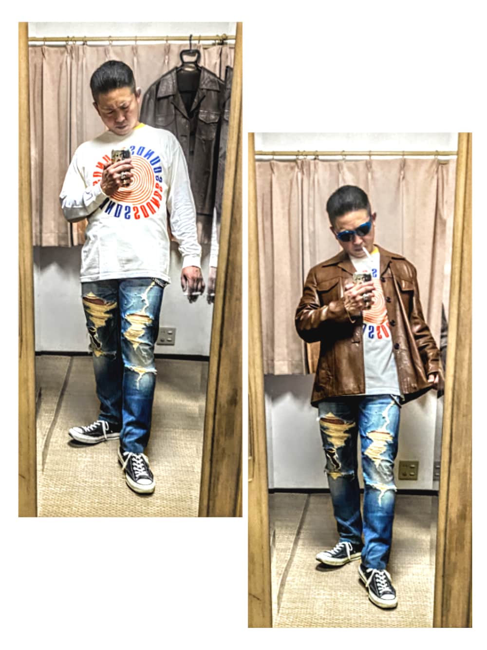 「片手スマホ自撮り研究会🤳✨、我が道をゆく隊、レイヤードスタイル、アメカジ、グランジ、カートコバーン、Tシャツ重ね着、クラッシュデニム、好きな服を好きなように着る🐷💕、双極性障害、リチウム増量💦、北千住アニメが熱い🔥、肉体改造中🐷💦、メルカリ大量出品中‼️、ロンT」｜「🔸参考カート😎‼️の🔸燃え尽きてやる〰️‼️（その他、その他）」を使った、おたっし🐷さん（メンズ・174cm）の春コーディネートの1枚目の写真
