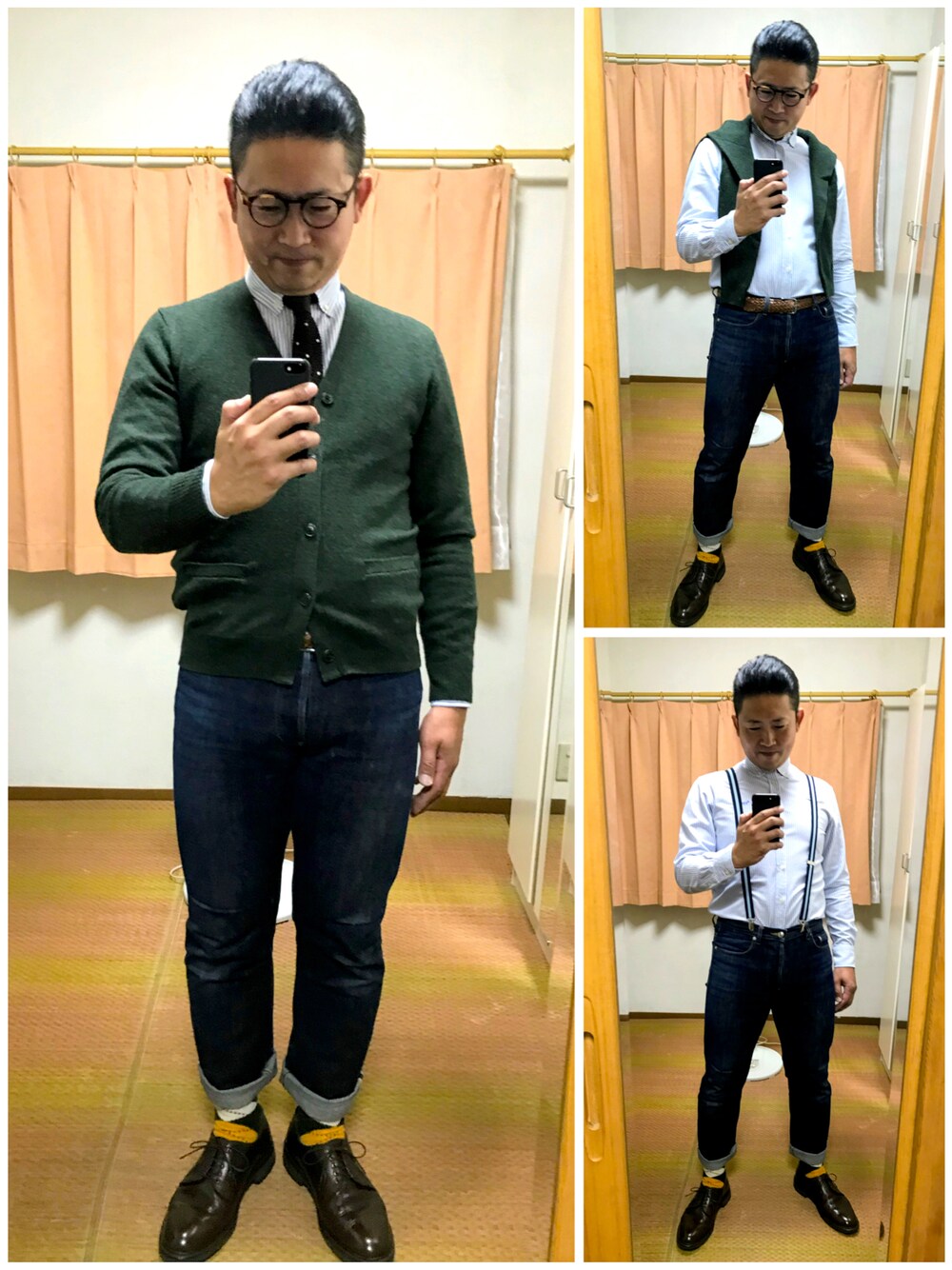 「片手スマホ自撮り研究会🤳✨、我が道をゆく隊、お仕事コーデ、カーディガン、きれいめカジュアル、プロデューサー巻き、サスペンダー、メガネおやじ、でぶっちょ🐷💦、シンプル、ユニクロ、好きな服を好きなように着る🐷💕、メルカリ大量出品中‼️、メルカリ★本日27(水)一日限定SALE★開催中‼️」｜「OLIVER PEOPLESの🔸オリバーピープルズ　グレゴリーペック(ブラウン)（メガネ、ブラウン系）」を使った、おたっし🐷さん（メンズ・174cm）の秋コーディネートの1枚目の写真