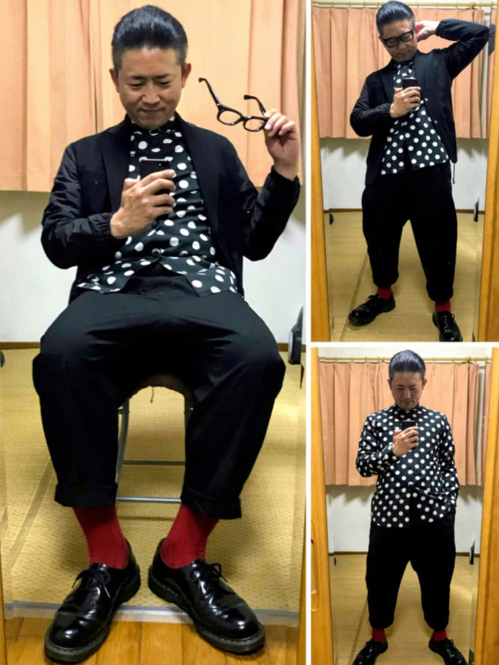 「お仕事コーデ、ポルカドット、赤黒コーデ、双極性障害、我が道をゆく隊、片手スマホ自撮り研究会🤳✨、好きな服を好きなように着る🐷💕、メルカリ大量出品中‼️、必殺❗️メガネずらし🐸‼️、夜の腹黒おたっし😎‼️、メルカリ★本日11(月)一日限定SALE★開催‼️」｜「EFFECTORの🔸エフェクター  黒ブチメガネ(ファズ)  ロックテイスト😎（メガネ、ブラック系）」を使った、おたっし🐷さん（メンズ・174cm）の秋コーディネートの1枚目の写真