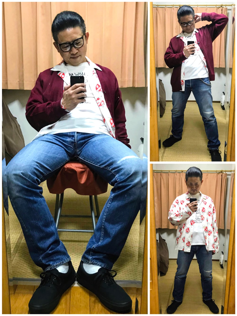 「伊達メガネ、グランジ、カートコバーン、カーティガン、パジャマシャツ、双極性障害、我が道をゆく隊、片手スマホ自撮り研究会🤳✨、好きな服を好きなように着る🐷💕、メルカリ大量出品中‼️、リチウム増量💦」｜「🔸前回のボルドーカーデコーデ🐷✨の🔸70sアローのカーデ&セントマイケルのパジャマシャツ ★メルカリ出品中‼️（その他、その他）」を使った、おたっし🐷さん（メンズ・174cm）の秋コーディネートの1枚目の写真