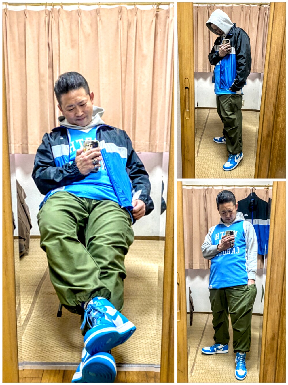 「片手スマホ自撮り研究会🤳✨、我が道をゆく隊、ネズミ男、レイヤードスタイル、アメカジ、古着MIX、ジョーダン、ノースカロライナ、好きな服を好きなように着る🐷💕、双極性障害、北千住アニメが熱い🔥、肉体改造中🐷💦、メルカリ大量出品中‼️」｜「VINTAGEの🔸DeLONG タンクトップ  ノースカロライナ 44（タンクトップ、ブルー系）」を使った、おたっし🐷さん（メンズ・174cm）の春コーディネートの1枚目の写真
