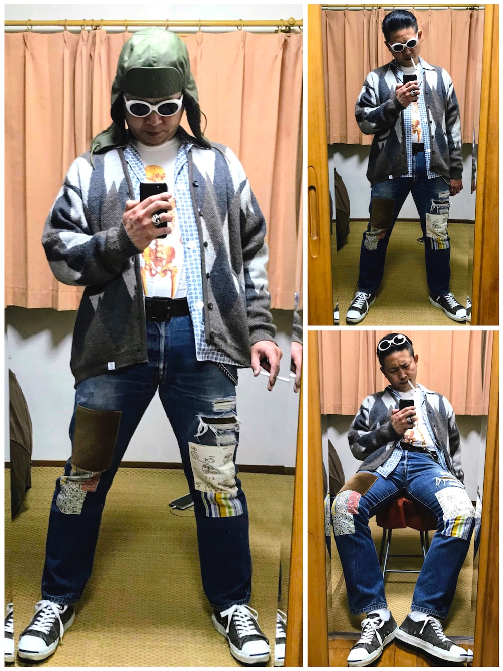 「片手スマホ自撮り研究会🤳✨、我が道をゆく隊、カートコバーン、グランジ、アメカジ、モヘアカーディガン、アーガイル柄、フライトキャップ、タックイン、好きな服を好きなように着る🐷💕、双極性障害、メルカリ大量出品中‼️、メルカリ★期間限定SALE★本日最終日‼️」｜「Buzz Rickson'sの🔸バズリクソン   フライトキャップ(緑)（キャップ、グリーン系）」を使った、おたっし🐷さん（メンズ・174cm）の冬コーディネートの1枚目の写真