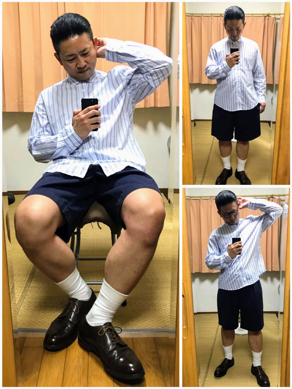 ブルー系のシャツ/ブラウス、ブルー系のチノパンツ、ブラウン系のドレスシューズを着用したメンズの夏コーディネートの1枚目の写真