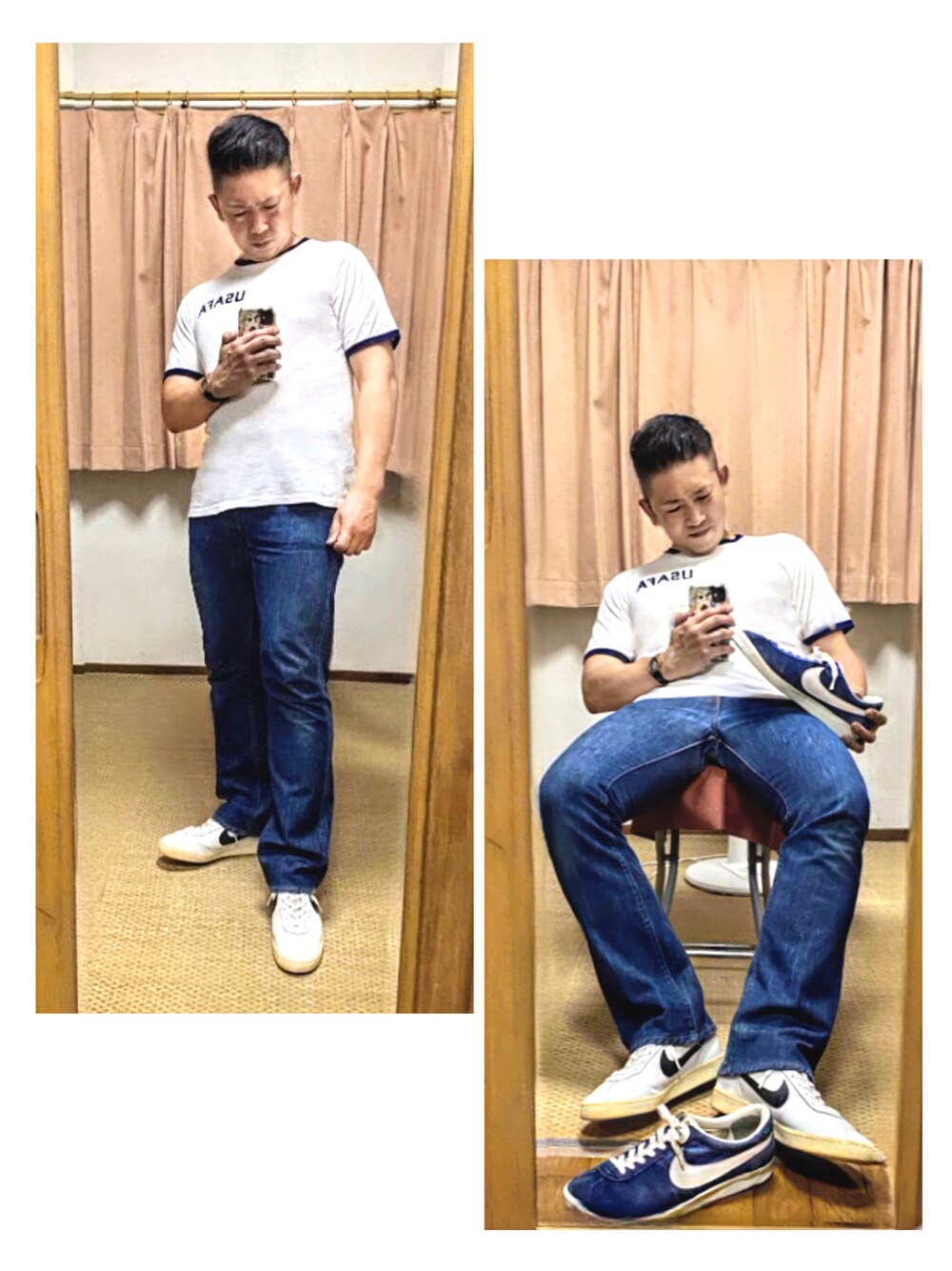 「片手スマホ自撮り研究会🤳✨、我が道をゆく隊、夏コーデ、ビッグシルエット、白Tシャツ、リンガーTシャツ、ブーツカット、好きな服を好きなように着る🐷💕、ナイキVTGスニーカー👟✨、双極性障害、肉体改造中🐷💦、北千住アニメが熱い🔥、メルカリ大量出品中‼️、冒険王、ニヤニヤ刈り上げおやじ😏」｜「VINTAGEの🔸80s USA製 チャンピオン USAFA(米空軍士官学校) リンガーTシャツ M（Tシャツ/カットソー、ホワイト系）」を使った、おたっし🐷さん（メンズ・174cm）の夏コーディネートの1枚目の写真