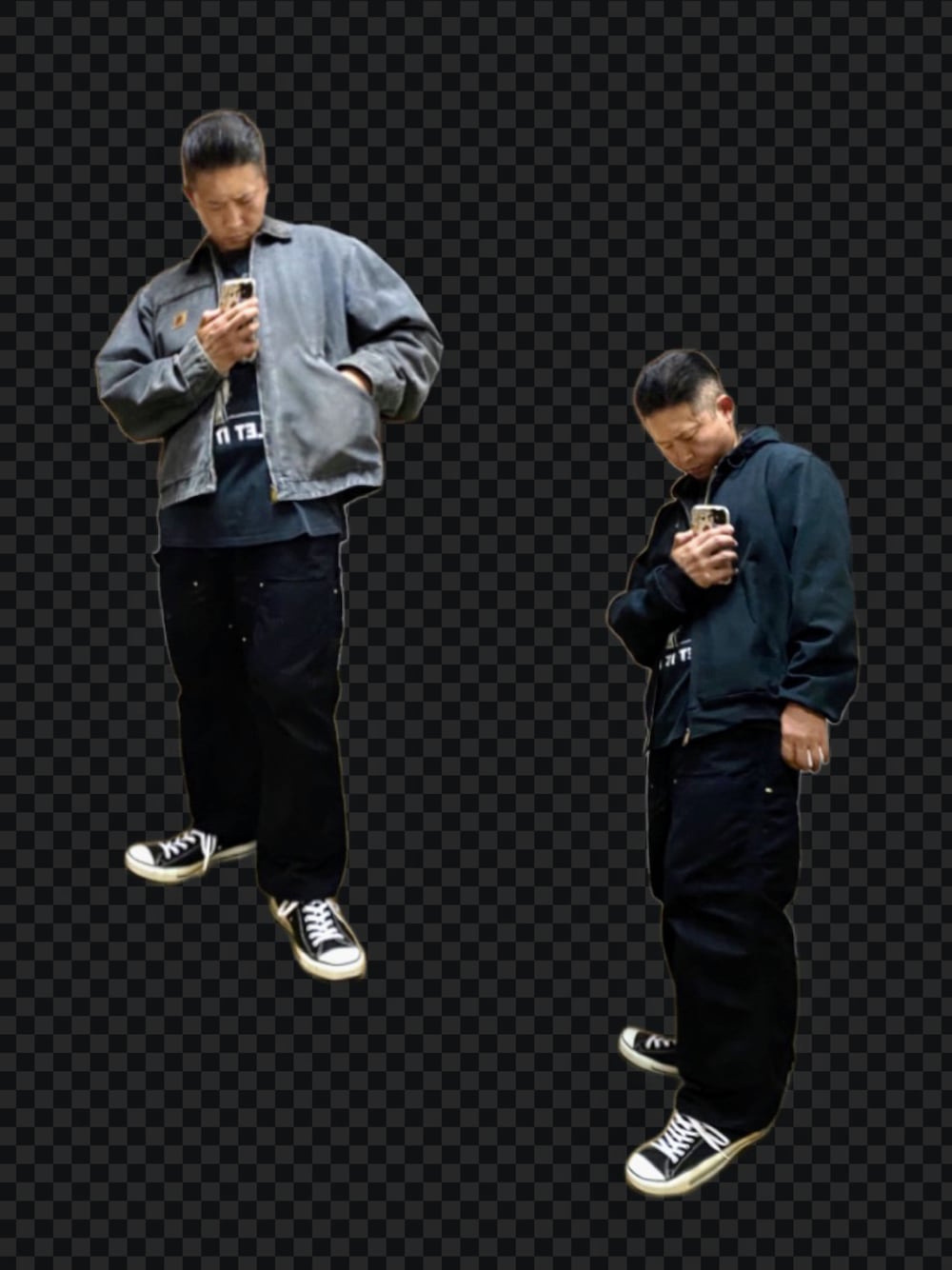 グレー系のブルゾン、ブラック系のブルゾン、ブラック系のチノパンツを着用したメンズの秋コーディネートの1枚目の写真