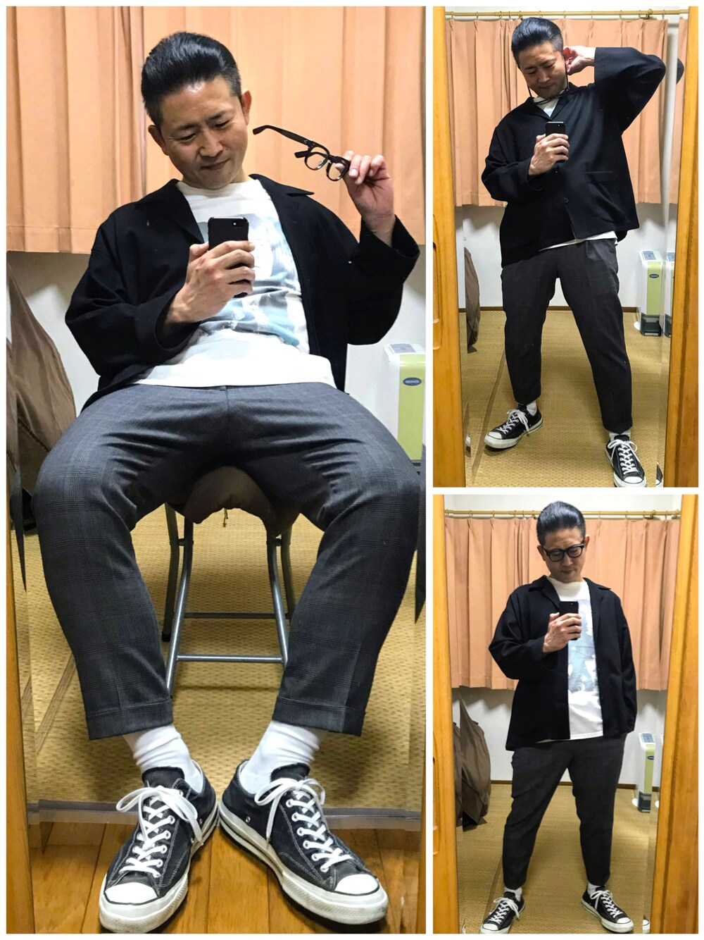 ホワイト系のTシャツ/カットソー、ブラック系のシャツ/ブラウス、グレー系のスラックスを着用したメンズの秋コーディネートの1枚目の写真