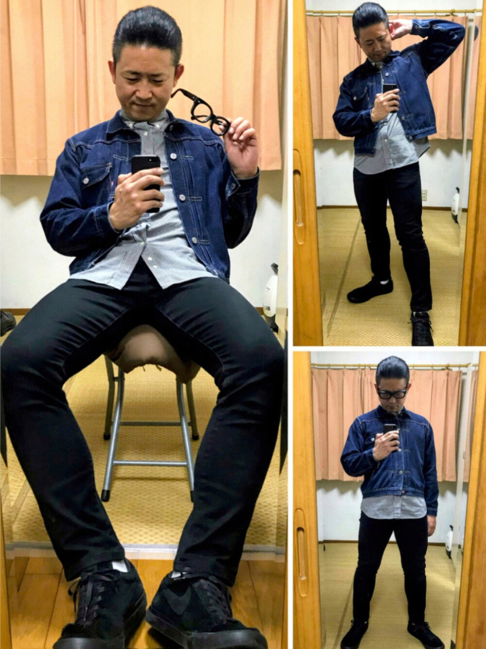 「片手スマホ自撮り研究会🤳✨、我が道をゆく隊、お仕事コーデ、きれいめカジュアル、ブラック、シンプルコーデ、ギンガムチェック、Gジャン、スキニーパンツ、好きな服を好きなように着る🐷💕、双極性障害、メルカリ大量出品中‼️」｜「🔸基本コーデ🐷✨の🔸キレイめGジャンカジュアル🐷✨（その他、その他）」を使った、おたっし🐷さん（メンズ・174cm）の秋コーディネートの1枚目の写真