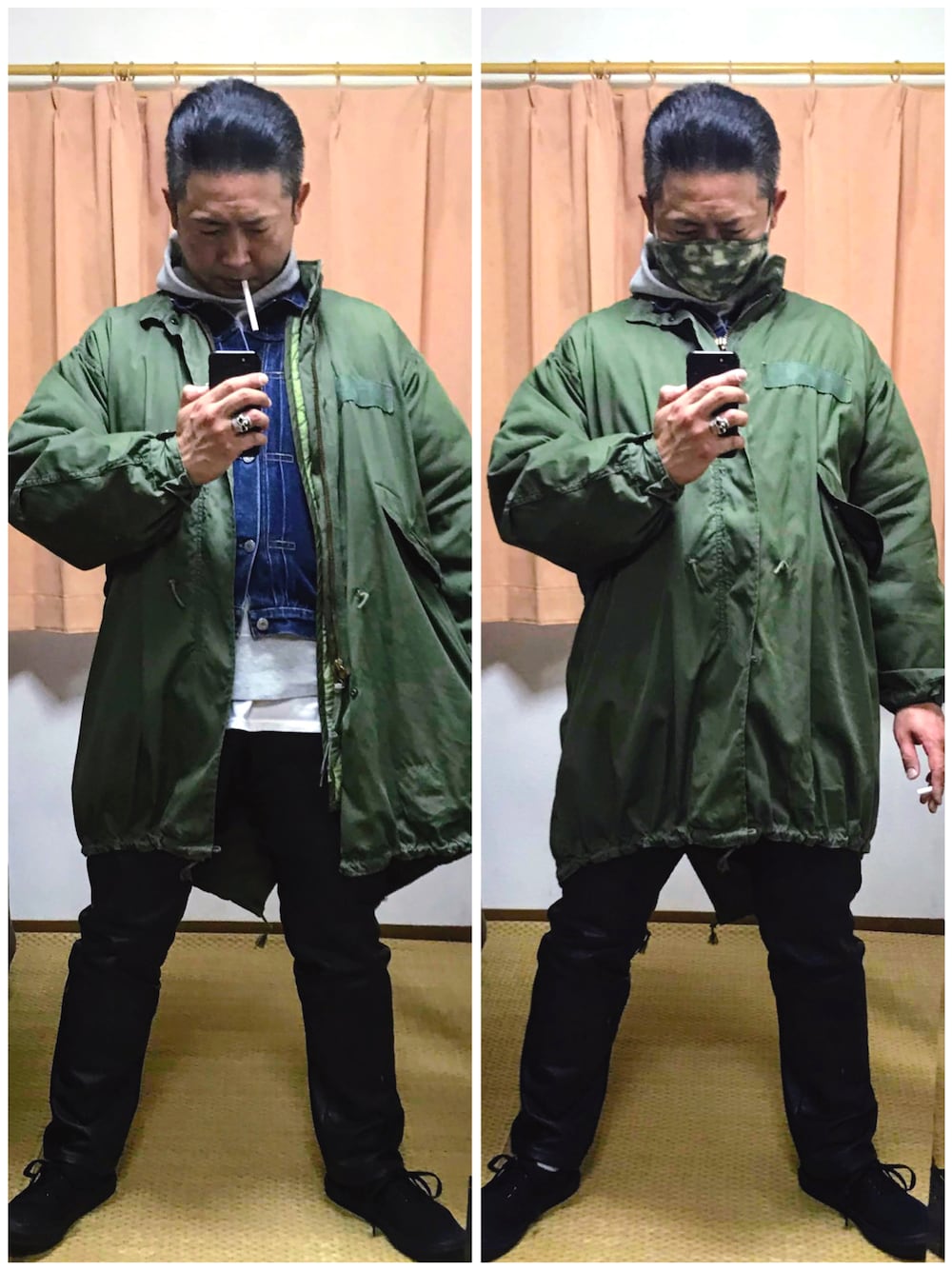 グリーン系のモッズコート、ブルー系のデニムジャケット、グレー系のパーカーを着用したメンズの冬コーディネートの1枚目の写真