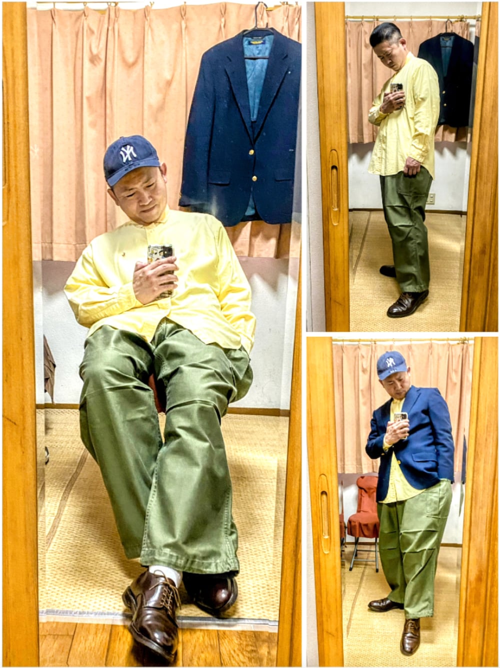 「片手スマホ自撮り研究会🤳✨、我が道をゆく隊、キャップ、お仕事コーデ、アメカジ、きれいめカジュアル、ミリタリートラッド、ビッグシルエット、カーゴパンツ、好きな服を好きなように着る🐷💕、みんな違ってみんないい、双極性障害、北千住アニメが熱い🔥、肉体改造中🐷💦、メルカリ★土日限定SALE★開催中‼️」｜「NEW ERAの🔸ニューエラ　9トゥエンティ アジャスタブル ヤンキースキャップ(紺)  （キャップ、ブラック系）」を使った、おたっし🐷さん（メンズ・174cm）の春コーディネートの1枚目の写真