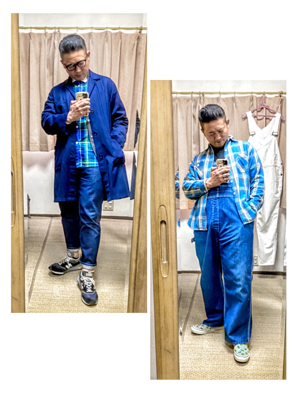 ブルー系のステンカラーコート、グリーン系のシャツ/ブラウス、ブルー系のデニムパンツを着用したメンズの春コーディネートの1枚目の写真