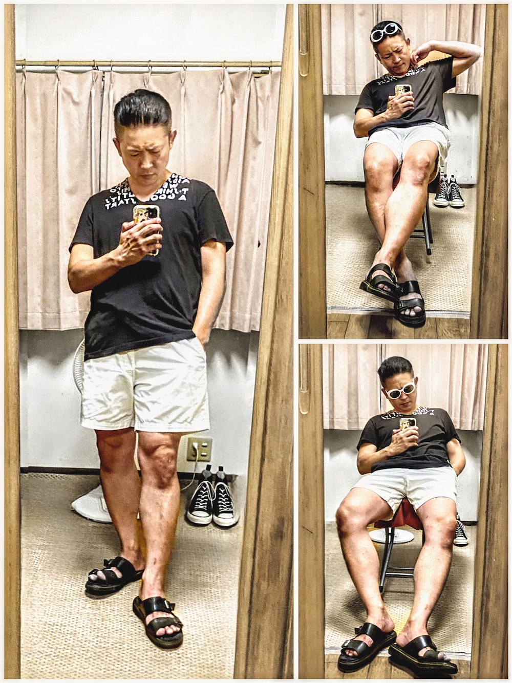 「片手スマホ自撮り研究会🤳✨、我が道をゆく隊、必殺❗️メガネずらし🐸‼️、夏コーデ、休日スタイル、古着MIX、ビッグシルエット、マルジェラ、エイズT、ショートパンツ、サンダル、好きな服を好きなように着る🐷💕、双極性障害、北千住アニメが熱い🔥、メルカリ大量出品中‼️」｜「NUMBER (N)INEの🔸カートオーバルサングラス(白)😎✨ (上)ナンバーナイン(下)エフェクター🕶（サングラス、ホワイト系）」を使った、おたっし🐷さん（メンズ・174cm）の夏コーディネートの1枚目の写真