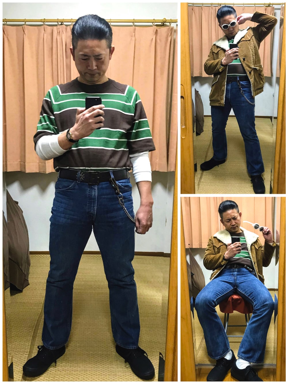 ブラウン系のその他アウター、グリーン系のTシャツ/カットソー、ホワイト系のTシャツ/カットソーを着用したメンズの秋コーディネートの1枚目の写真