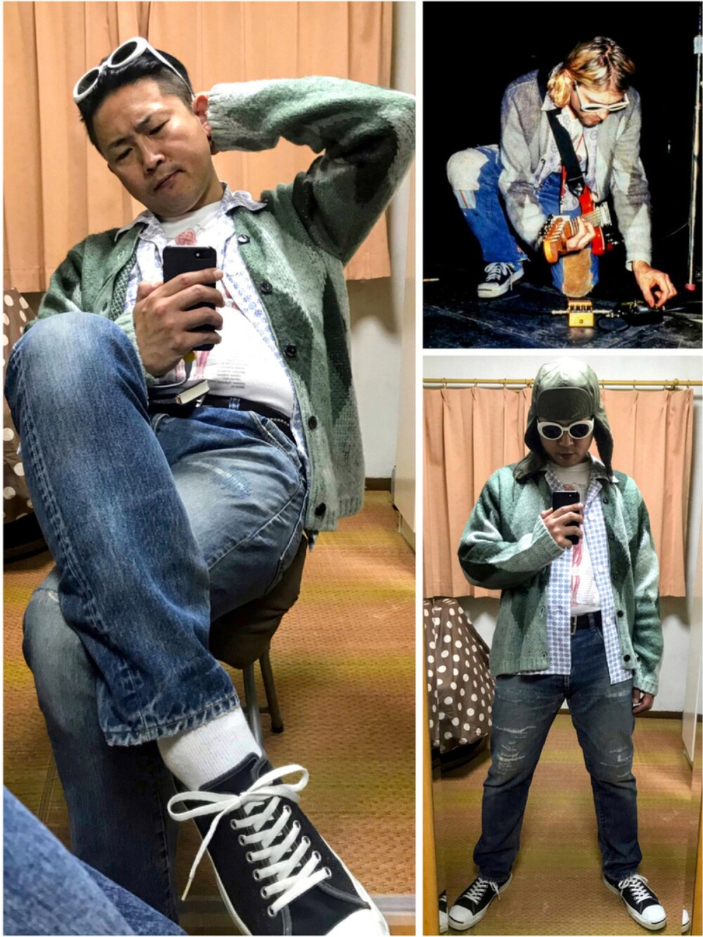 「アメカジ、グランジ、カートコバーン、grunge is dead、双極性障害、我が道をゆく隊、片手スマホ自撮り研究会🤳✨、好きな服を好きなように着る🐷💕、メルカリ大量出品中‼️、必殺‼️カチューシャ風メガネずらし🐸‼️、メルカリ★期間限定SALE★本日最終日‼️、グランジは永久に不滅ブギ〰️🐷👍」｜「TAKAHIROMIYASHITATheSoloIst.の🔸宮下貴裕  ソロイスト    カートサングラス(白)（サングラス、ホワイト系）」を使った、おたっし🐷さん（メンズ・174cm）の秋コーディネートの1枚目の写真