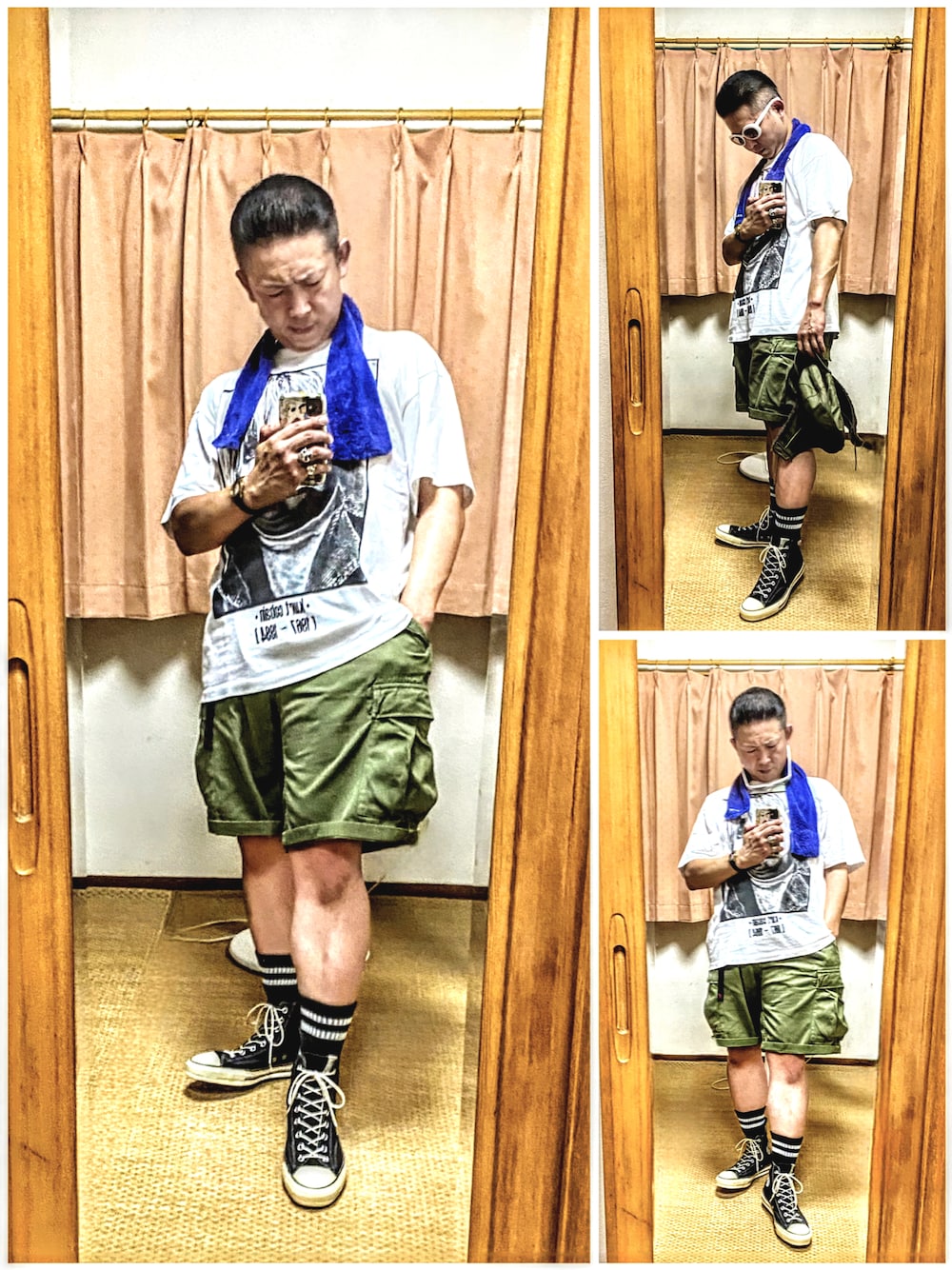 「片手スマホ自撮り研究会🤳✨、我が道をゆく隊、必殺❗️メガネずらし🐸‼️、アメカジ、古着MIX、プチプラ、汗拭きタオル、みんなの白Tフェス、カートコバーン、ショートパンツ、カーゴパンツ、好きな服を好きなように着る🐷💕、双極性障害、北千住アニメが熱い🔥、メルカリ大量出品中‼️」｜「NUMBER (N)INEの🔸カートオーバルサングラス(白)😎✨ (上)ナンバーナイン(下)エフェクター🕶（サングラス、ホワイト系）」を使った、おたっし🐷さん（メンズ・174cm）の夏コーディネートの1枚目の写真