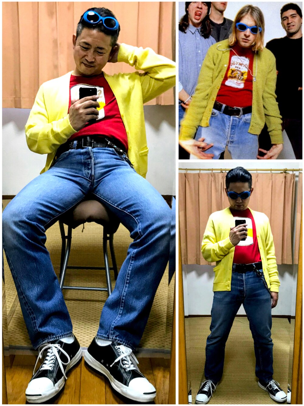「片手スマホ自撮り研究会🤳✨、我が道をゆく隊、カートコバーン、グランジ、アメカジ、幸せの黄色いカーディガン✨、必殺‼️カチューシャ風メガネずらし🐸‼️、好きな服を好きなように着る🐷💕、双極性障害、メルカリ大量出品中‼️、メルカリ★期間限定SALE★ただ今開催中🐷👍」｜「🔸参考カート😎‼️の🔸幸せの黄色いカーディガン  Ｔシャツタックイン（その他、その他）」を使った、おたっし🐷さん（メンズ・174cm）の秋コーディネートの1枚目の写真