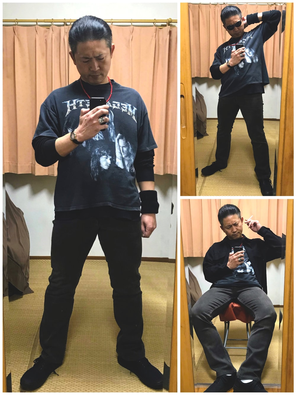 「夜の腹黒おたっし😎‼️、片手スマホ自撮り研究会🤳✨、我が道をゆく隊、バンT、ロック、スラッシュメタル、メガデス、カートアレンジ😎‼️、ブーツカットパンツ、ブラック、好きな服を好きなように着る🐷💕、双極性障害、メルカリ大量出品中‼️」｜「NUMBER (N)INEの🔸宮下期ナンバーナインVTG  カートサングラス(黒)（サングラス、ブラック系）」を使った、おたっし🐷さん（メンズ・174cm）の冬コーディネートの1枚目の写真