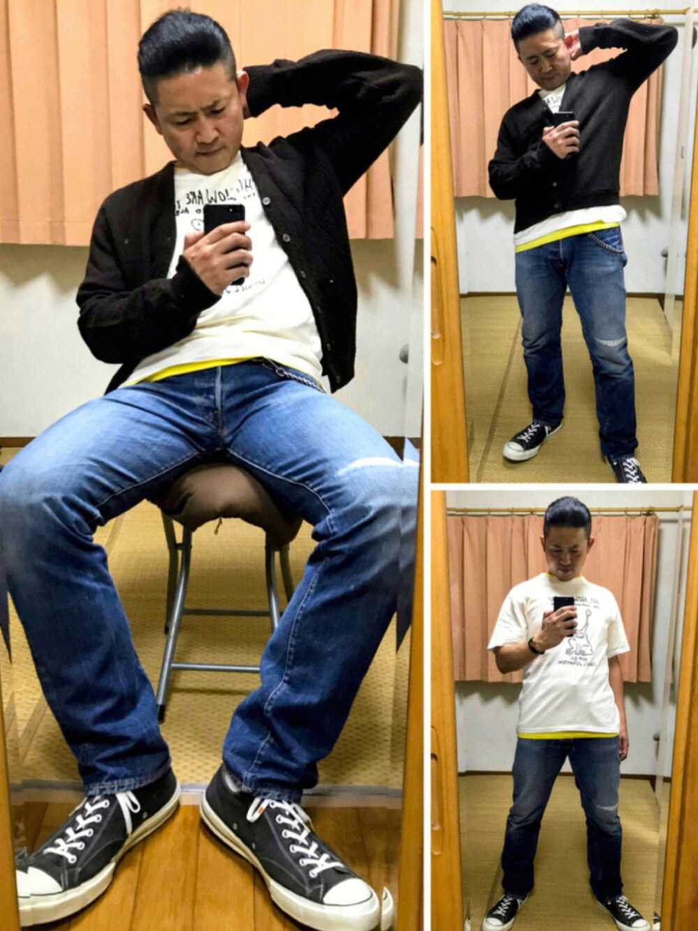 ブラウン系のカーディガン/ボレロ、ホワイト系のTシャツ/カットソー、イエロー系のTシャツ/カットソーを着用したメンズの秋コーディネートの1枚目の写真