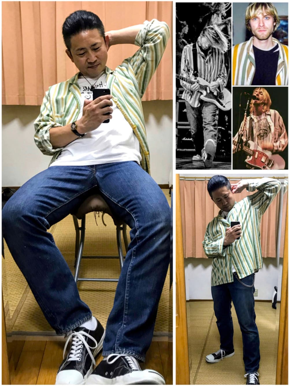 「片手スマホ自撮り研究会🤳✨、我が道をゆく隊、カートコバーン、グランジ、アメカジ、パジャマシャツ、ストライプ、古着、ヴィンテージ、好きな服を好きなように着る🐷💕、双極性障害、メルカリ大量出品中‼️」｜「🔸基本コーデ🐷✨の🔸パジャマシャツコーデ😎✨★メルカリ出品中‼️（その他、その他）」を使った、おたっし🐷さん（メンズ・174cm）の秋コーディネートの1枚目の写真
