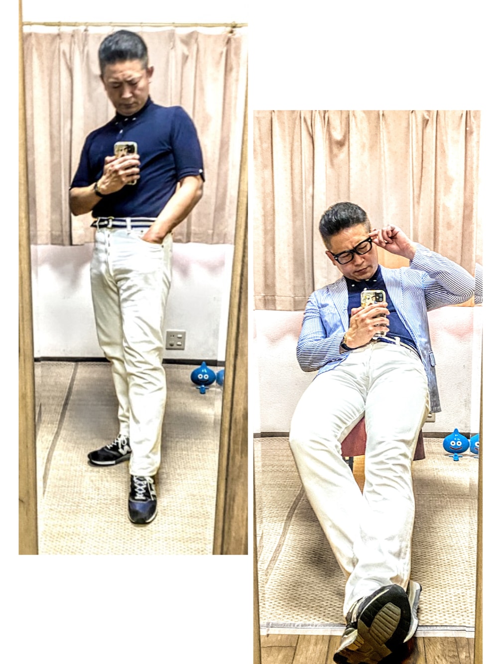 ブルー系のテーラードジャケット、ブルー系のポロシャツ、ホワイト系のデニムパンツを着用したメンズの夏コーディネートの1枚目の写真