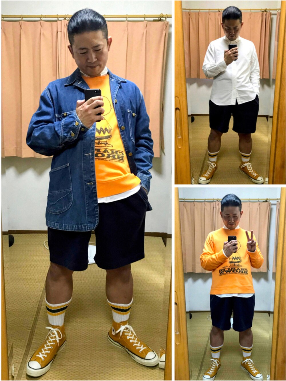 「アメカジ、ショートパンツ、チャーリー・ブラウン、片手スマホ自撮り研究会🤳✨、好きな服を好きなように着る🐷💕、ラブアンドピース2021、メルカリ★期間限定SALE★本日最終日‼️、キモおやじコーデ🐷💦」｜「Leeの🔸リー(古着)  70sカバーオール(紺)（カバーオール、ブルー系）」を使った、おたっし🐷さん（メンズ・174cm）の秋コーディネートの1枚目の写真