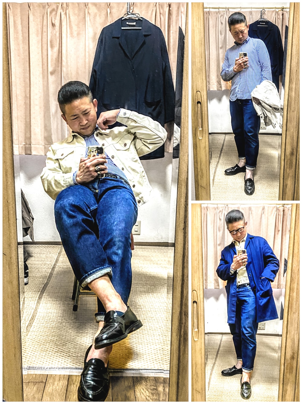 「片手スマホ自撮り研究会🤳✨、我が道をゆく隊、お仕事コーデ、きれいめカジュアル、オトナカジュアル、古着MIX、トラッカージャケット、白、ローファー、好きな服を好きなように着る🐷💕、双極性障害、リチウム血中濃度安定😊、北千住アニメが熱い🔥、肉体改造中🐷💦、メルカリ大量出品中‼️」｜「金子眼鏡の🔸ビジョン オブ ディビジョン  カートオタク風伊達メガネ(黒)（メガネ、ブラック系）」を使った、おたっし🐷さん（メンズ・174cm）の春コーディネートの1枚目の写真