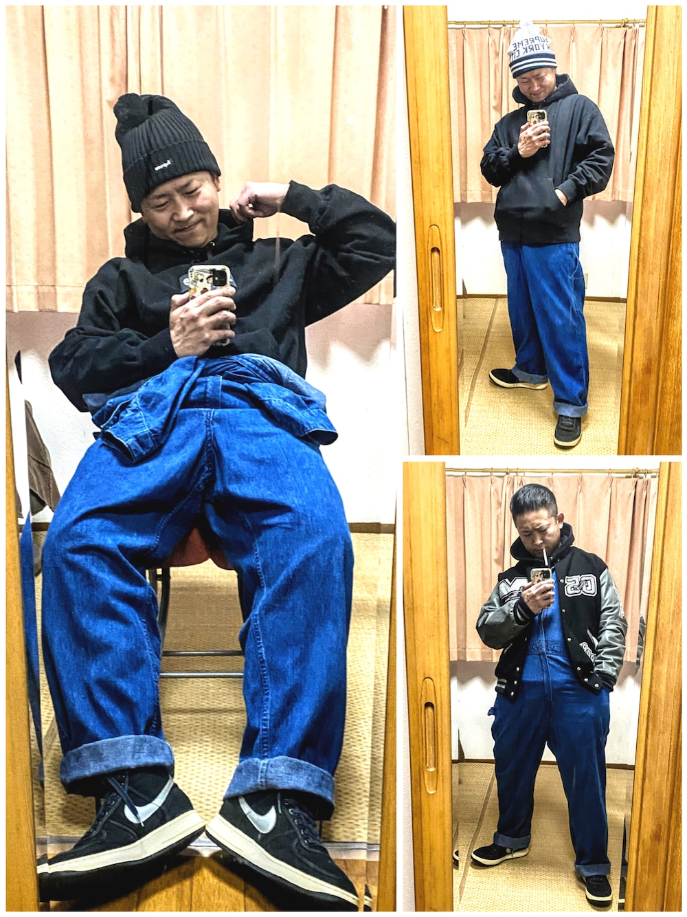 ブラック系のスタジャン、ブルー系のつなぎ/オールインワン、ブラック系のパーカーを着用したメンズの冬コーディネートの1枚目の写真