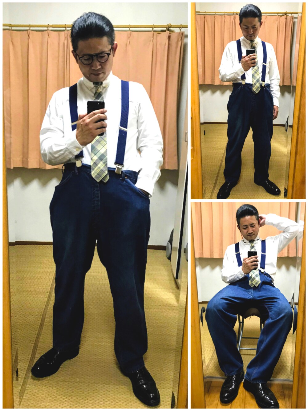 ホワイト系のシャツ/ブラウス、ブルー系のネクタイ、ブルー系のデニムパンツを着用したメンズの秋コーディネートの1枚目の写真