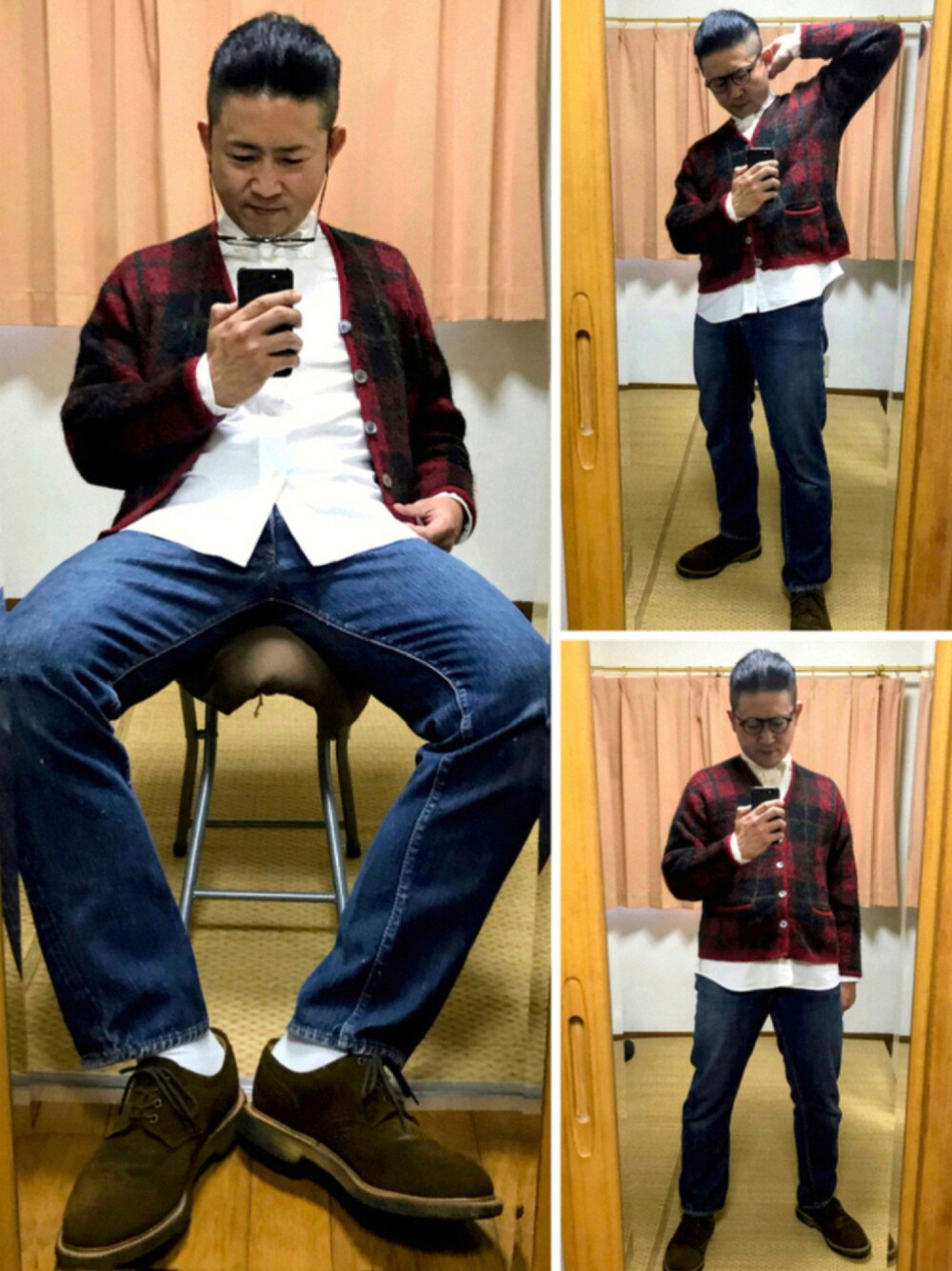 レッド系のカーディガン/ボレロ、ホワイト系のシャツ/ブラウス、ブルー系のデニムパンツを着用したメンズの秋コーディネートの1枚目の写真