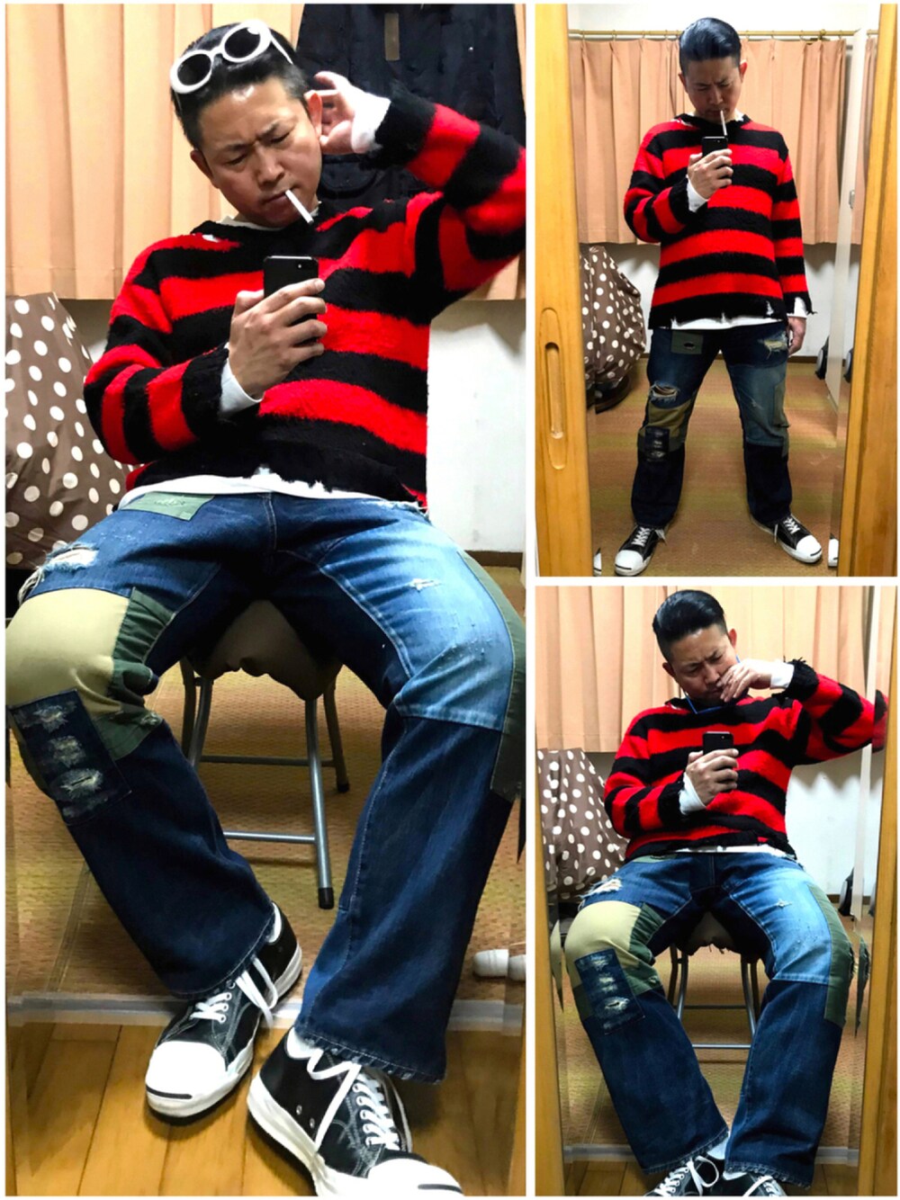 レッド系のニット/セーター、ホワイト系のTシャツ/カットソー、ブルー系のデニムパンツを着用したメンズの秋コーディネートの1枚目の写真