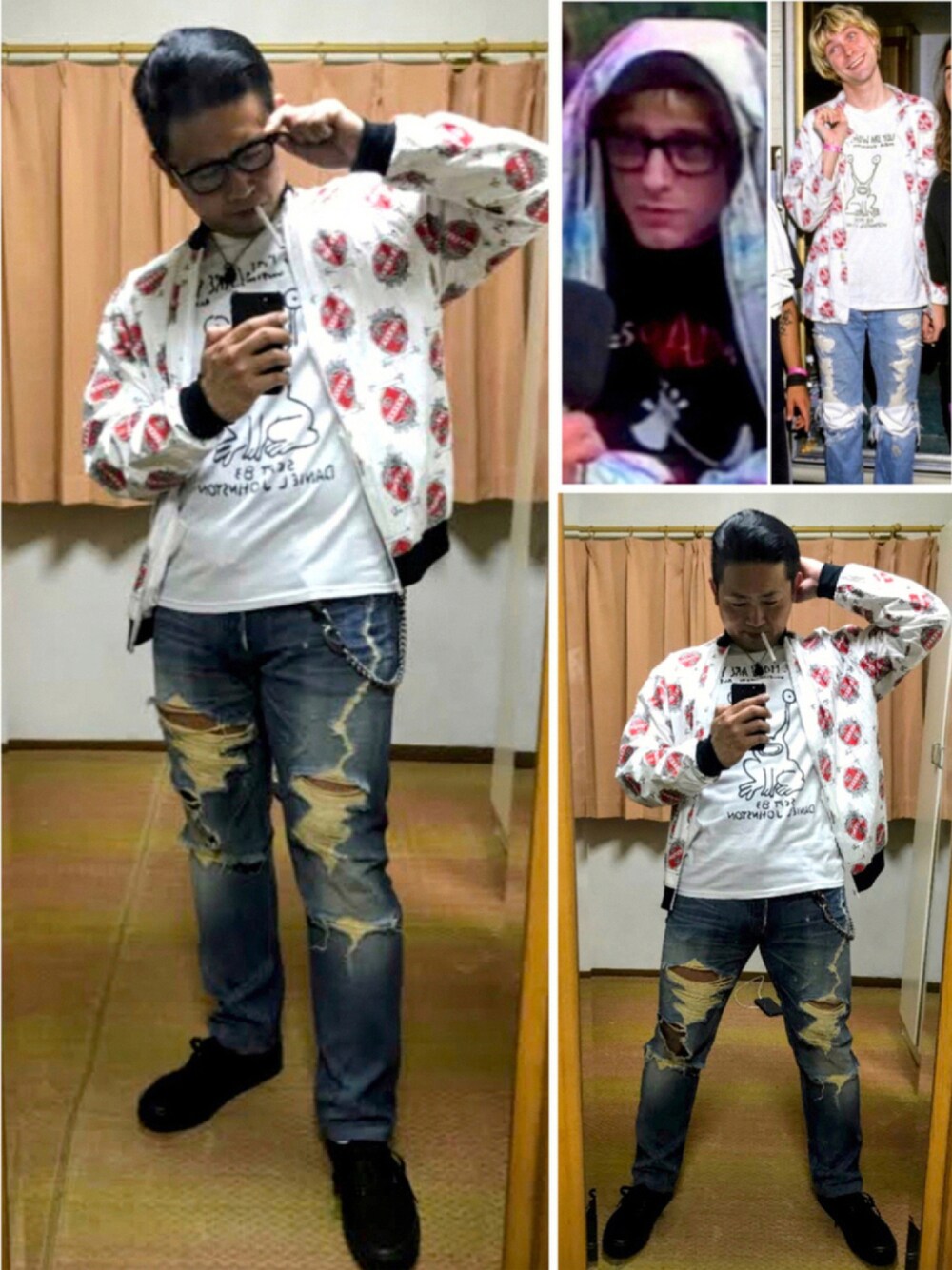 「グランジ、カートコバーン、メガネ男子、ペーパージャケット、メガネおやじ、双極性障害、我が道をゆく隊、片手スマホ自撮り研究会🤳✨、好きな服を好きなように着る🐷💕、メルカリ★期間限定SALE★ただ今開催中🐷👍、オタク眼鏡」｜「🔸メガネカート😎②の🔸カートコバーン ペーパージャケットスタイル😎✨（その他、その他）」を使った、おたっし🐷さん（メンズ・174cm）の秋コーディネートの1枚目の写真