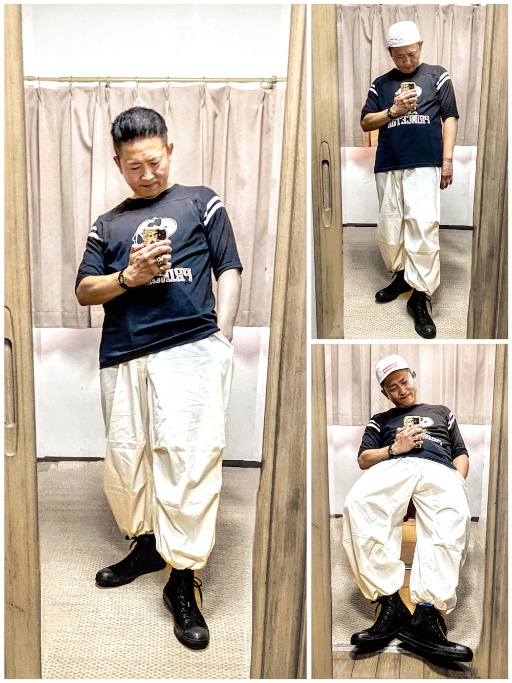 「片手スマホ自撮り研究会🤳✨、我が道をゆく隊、夏だ！Tシャツ着よう！、アメカジ、古着MIX、モノトーン、白黒、キャップ、スヌーピー、フットボールTシャツ、スノーカモ、好きな服を好きなように着る🐷💕、双極性障害、北千住アニメが熱い🔥、メルカリ大量出品中‼️」｜「Supreme の🔸supreme ジェットキャップ 白（キャップ、ホワイト系）」を使った、おたっし🐷さん（メンズ・174cm）の夏コーディネートの1枚目の写真