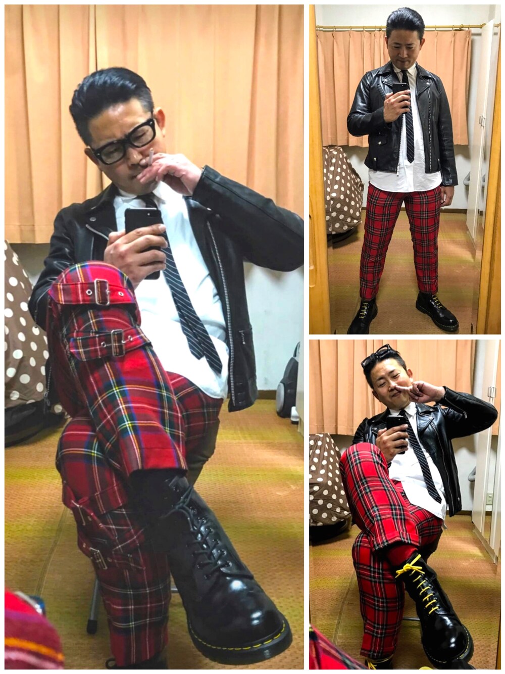 ブラック系のライダースジャケット、ホワイト系のシャツ/ブラウス、ブラック系のネクタイを着用したメンズの秋コーディネートの1枚目の写真