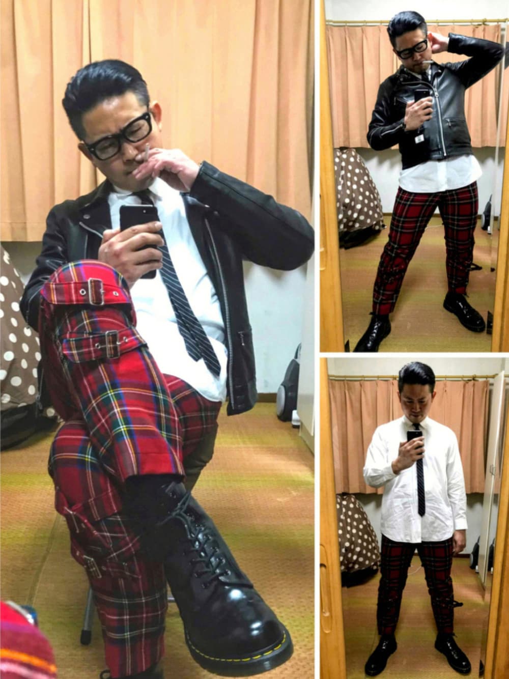 ブラック系のライダースジャケット、ホワイト系のシャツ/ブラウス、ブラック系のネクタイを着用したメンズの秋コーディネートの1枚目の写真