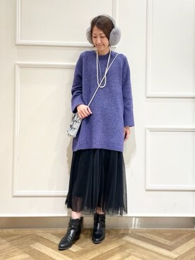 「DRESKIP（ドレスキップ）の【S-LL/体型カバー】ふんわりあたたかい ニットチュニック（ニット/セーター、パープル系）」を使った、SOさん（レディース・164cm）の冬コーディネート
