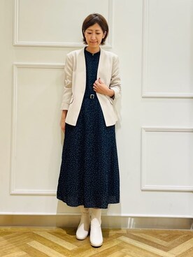 「SHOO・LA・RUE（シューラルー）の◆【S-3L/洗える/通勤】ダブルクロス Vネックジャケット【CIRCRIC】（ノーカラージャケット、ベージュ系）」を使った、SOさん（レディース・164cm）の秋コーディネート
