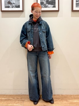 「SHOO・LA・RUE（シューラルー）の【SHOO・LA・RUE DENIM】羽織るだけでこなれる　オーバーサイズデニムジャケット（デニムジャケット、ブルー系）」を使った、Ayumiさん（レディース・168cm）の冬コーディネート